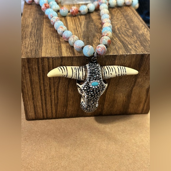 8mm Natural Imperial Jasper Stone Beads, Pendant Features Bling Oxen Head 🐂 - Picture 5 of 8